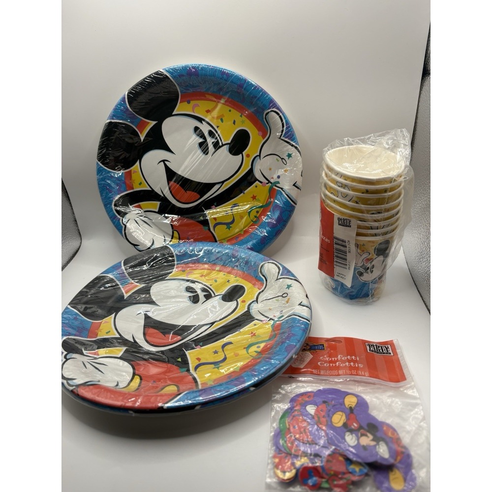 Vtg Party Express Hallmark Mickey Mouse Confetti Birthday Plates, Cups& Confetti